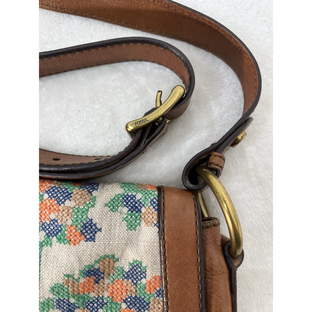 Vintage Fossil Brown Leather Canvas Single Stitch Saddle Bag Shoulder Bag EUC - Picture 6 of 16